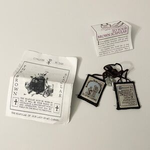 Catholic Brown Scapular Handmade USA Wool Crucifix & St Benedict Medal